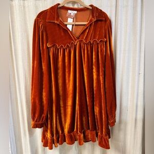 NWT, Rust Orange, Ruffle Bottom, Ruffle Chest Trim, Collared Velvet Dress